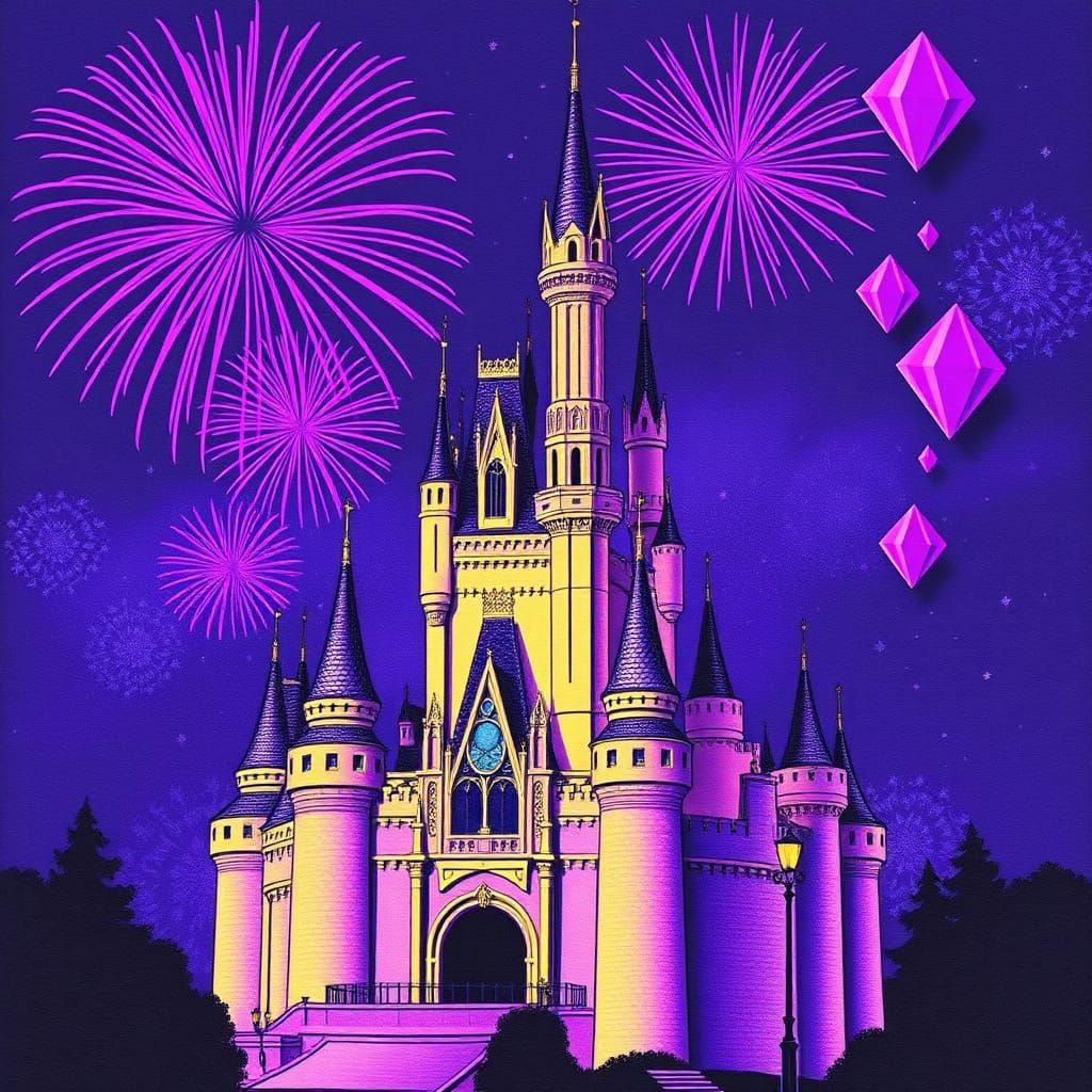 Purple Fireworks and Diamonds Over Castle