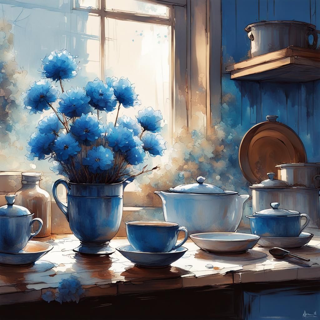 Blue Flowers Still Life in Hyperdetailed Sketch