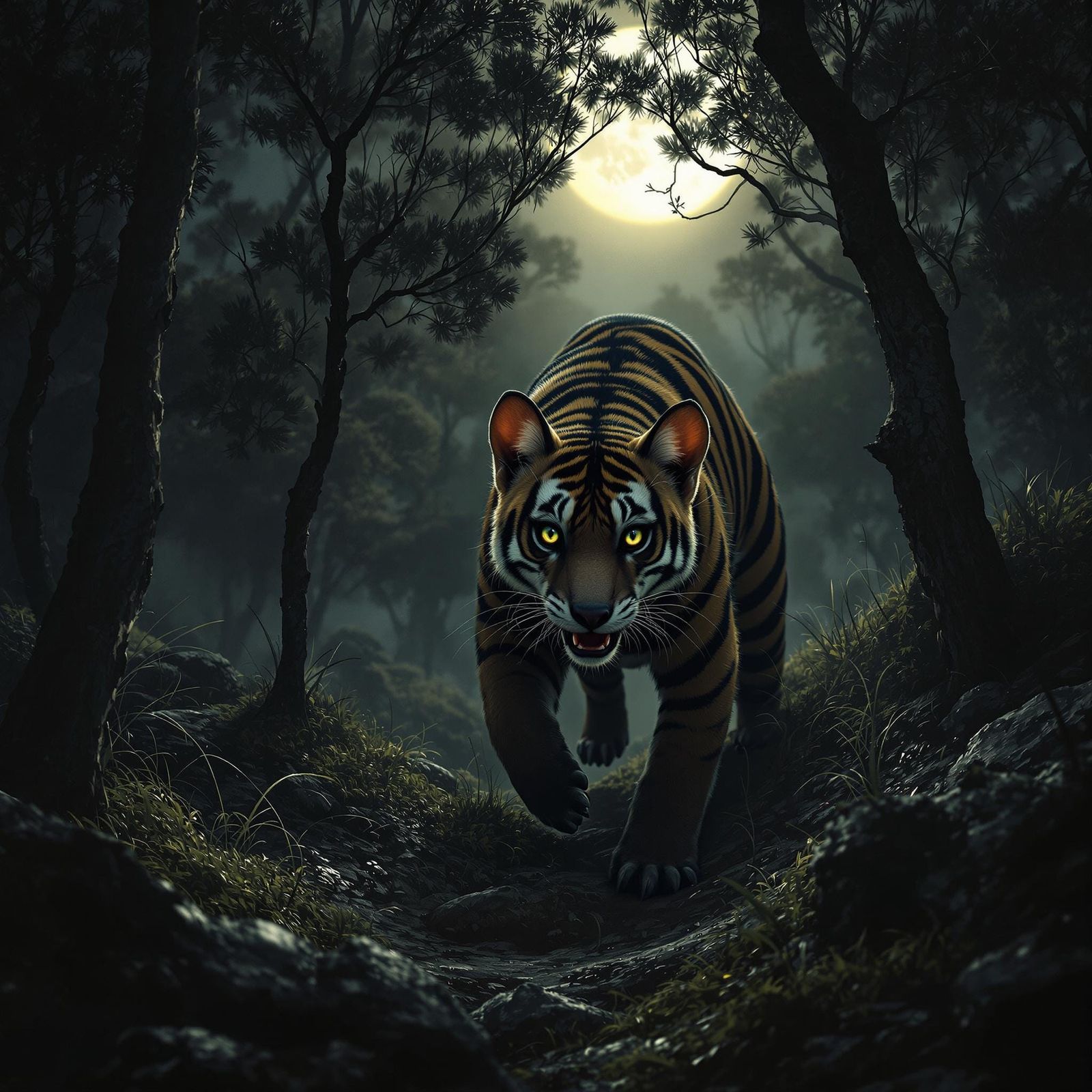 Thylacine Emerges from Eucalyptus Forest in Atmospheric Pain...