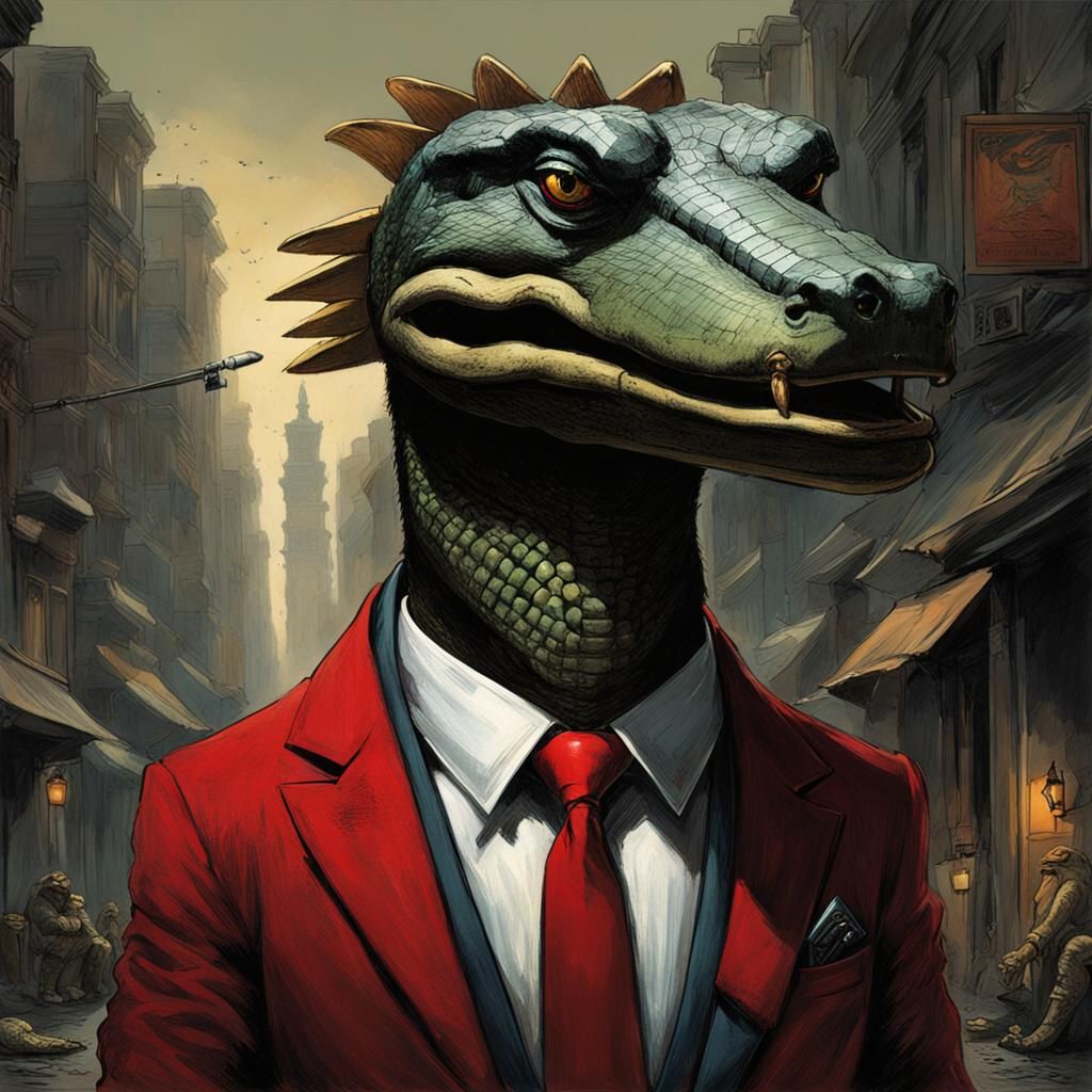 Hyperrealistic Sobek in Suit, Enki Bilal Style