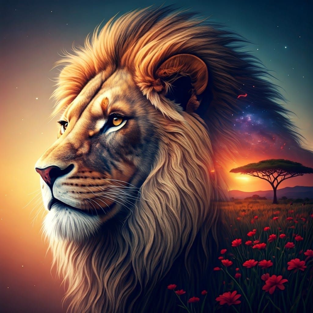 Lion Double Exposure: Savannah and Starry Night