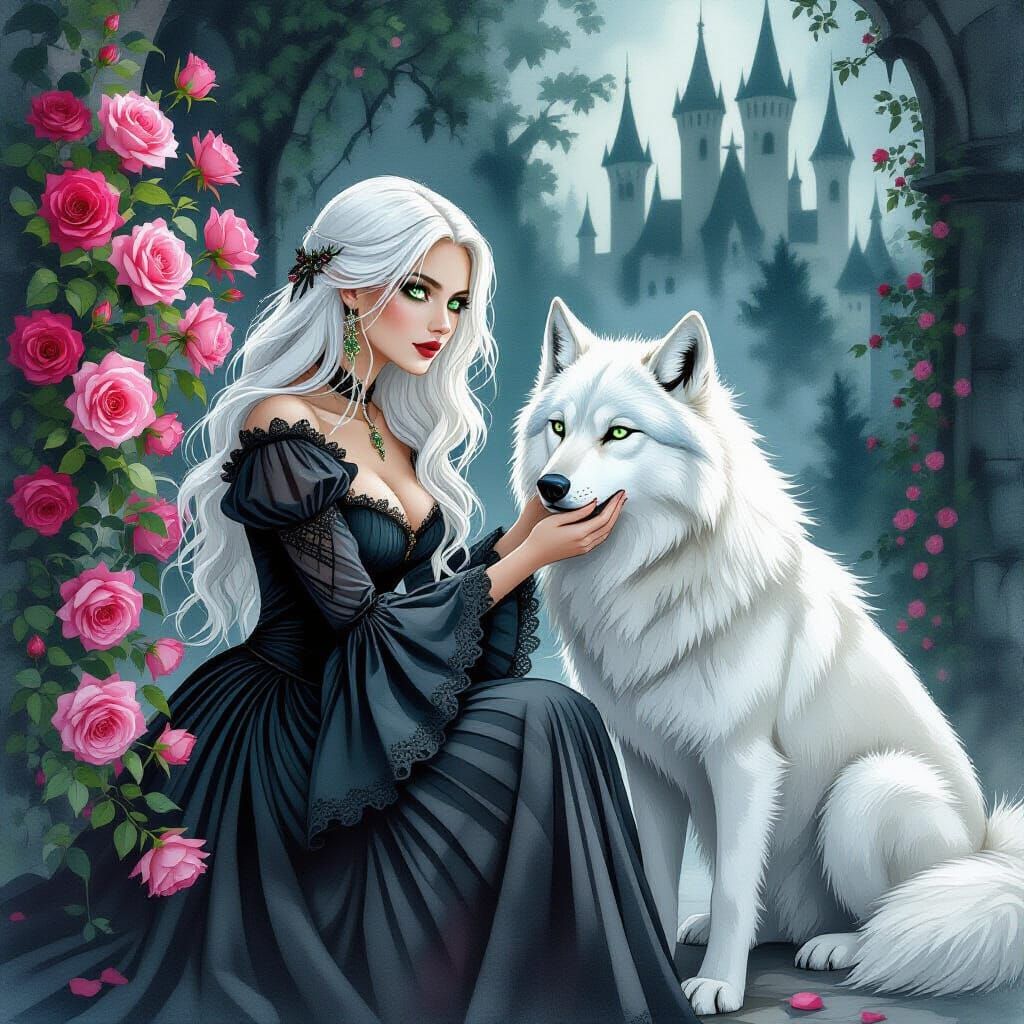 Gothic Woman and White Wolf in Alcohol Ink Style