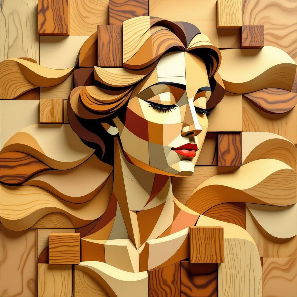 Cubist Wooden Woman in Abstract 3D Composition