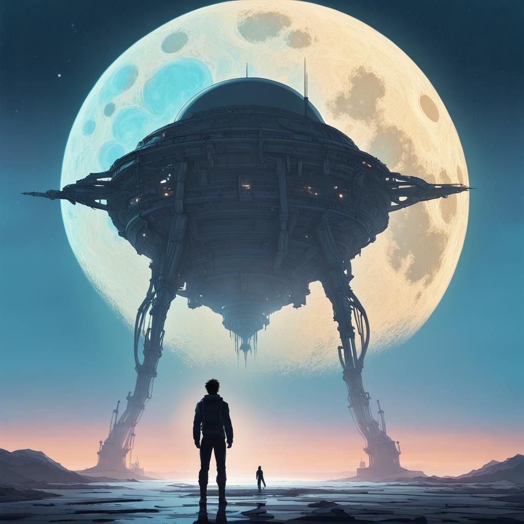 Humanoid Watching Spaceship Departure in Hyperrealistic Styl...