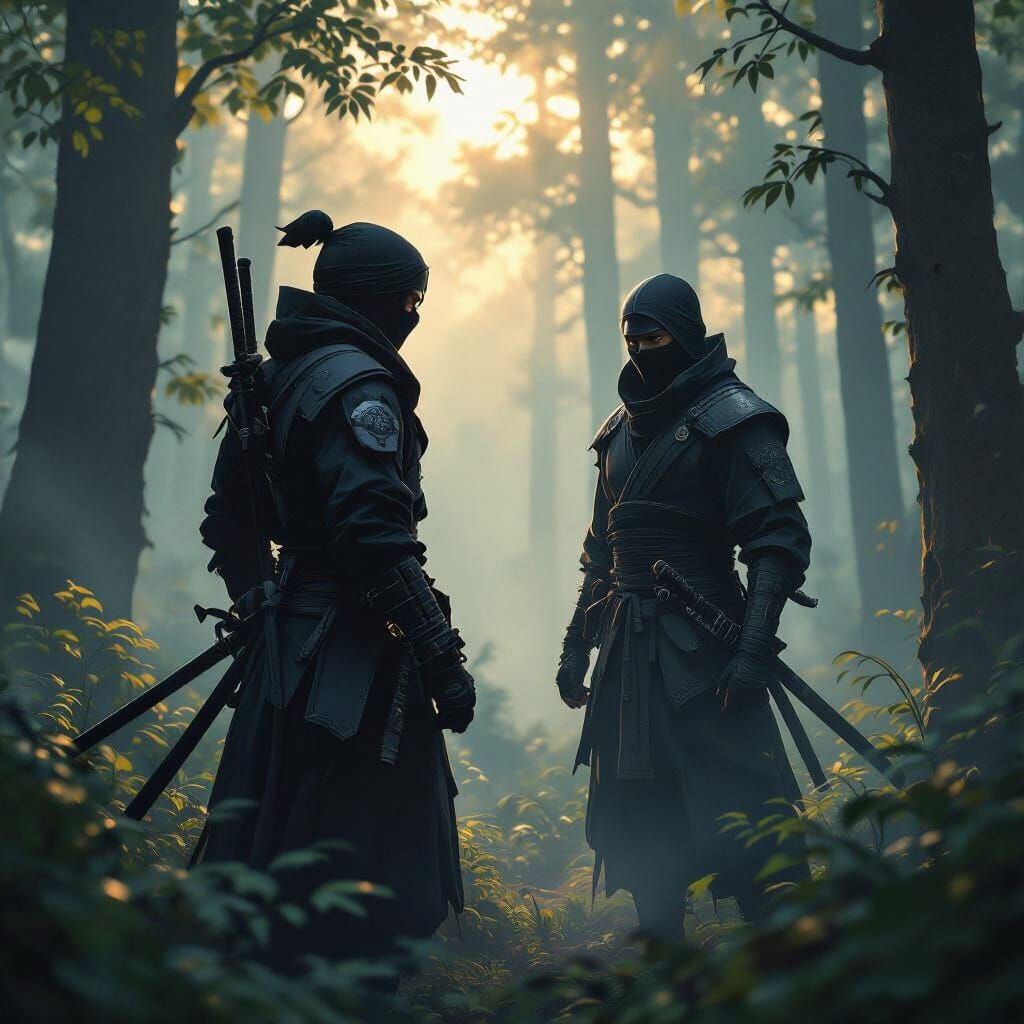 Hyperrealistic Ninja in Misty Forest with Sun Rays