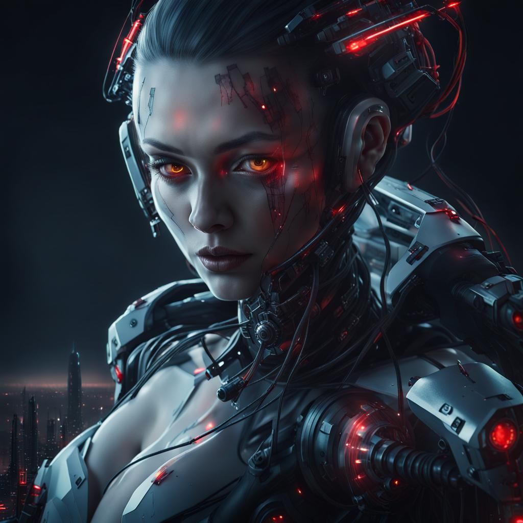 detailed Futuristic high tech red eyes European female hacker with translucent cybernetic skin and a small army of drone...