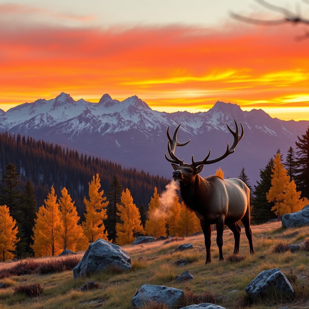 Golden Sunset on Mountain Meadow with Majestic Elk