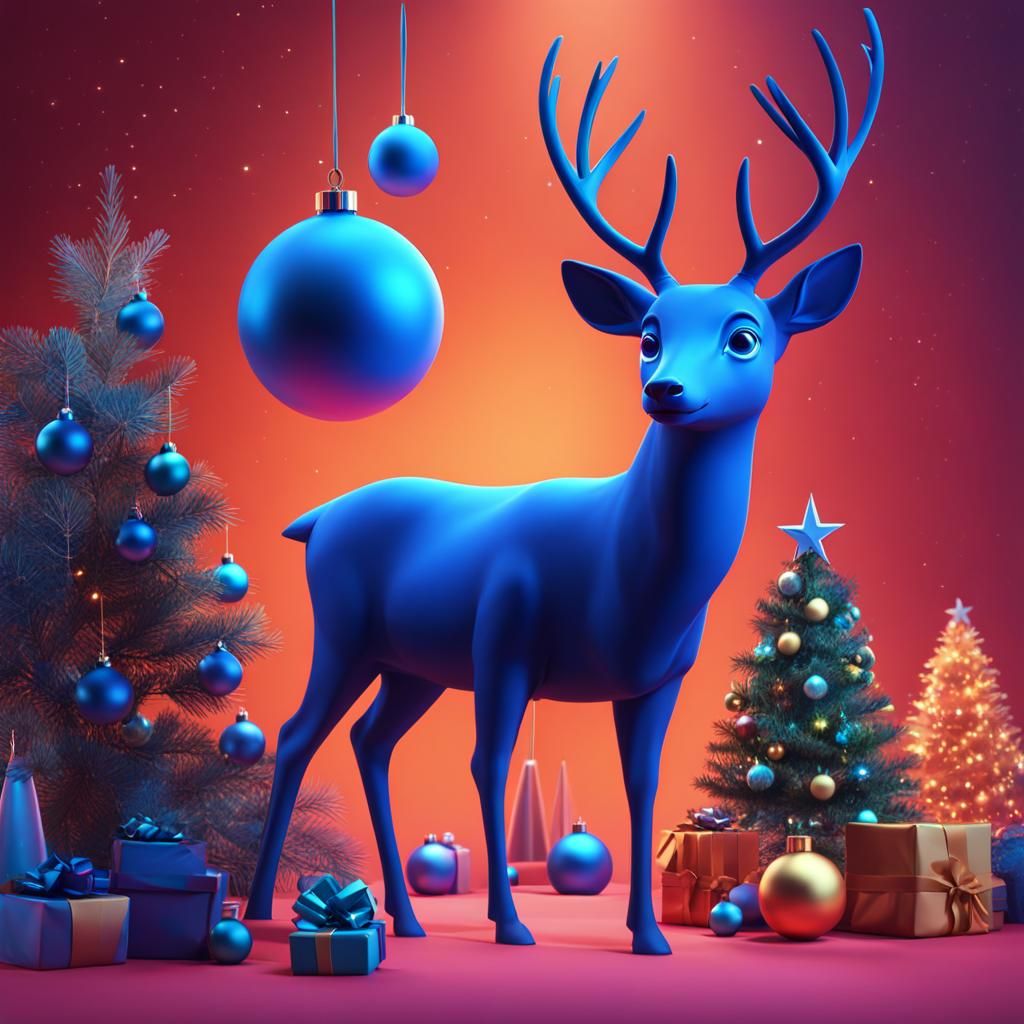 Blue Deer and Christmas Tree: Pixar-Style 3D Art