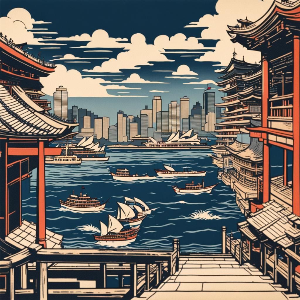 Sydney Harbour in Ukiyo-e Style