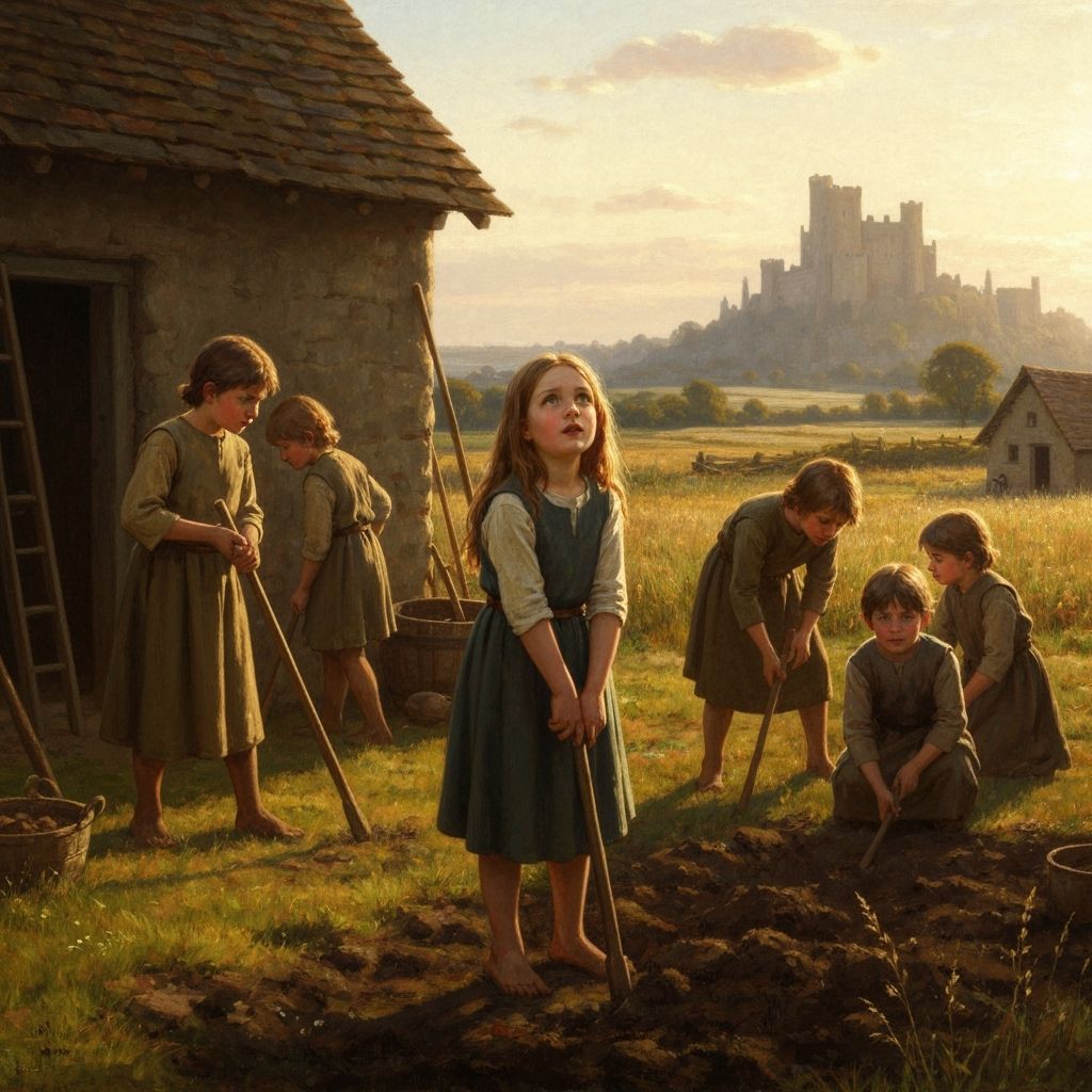 Medieval Farm Children Gaze at Distant Castle