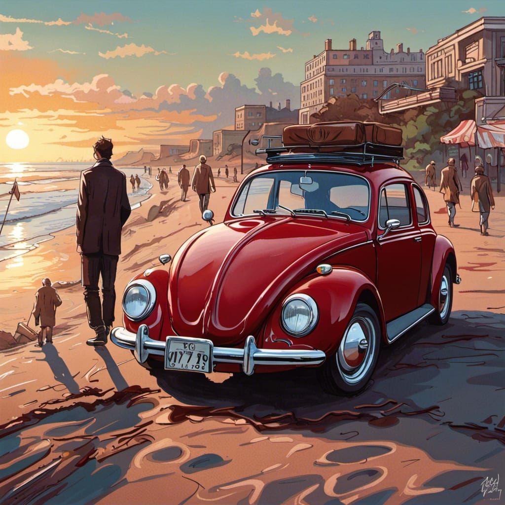 Red 1970s VW Beetle on Beach Promenade