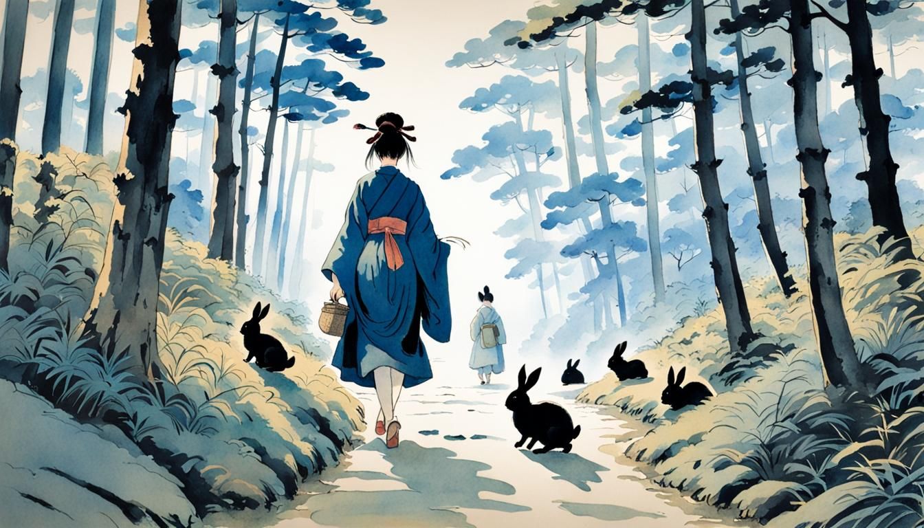 Village Girl with Bunnies in Ukiyo-e Style