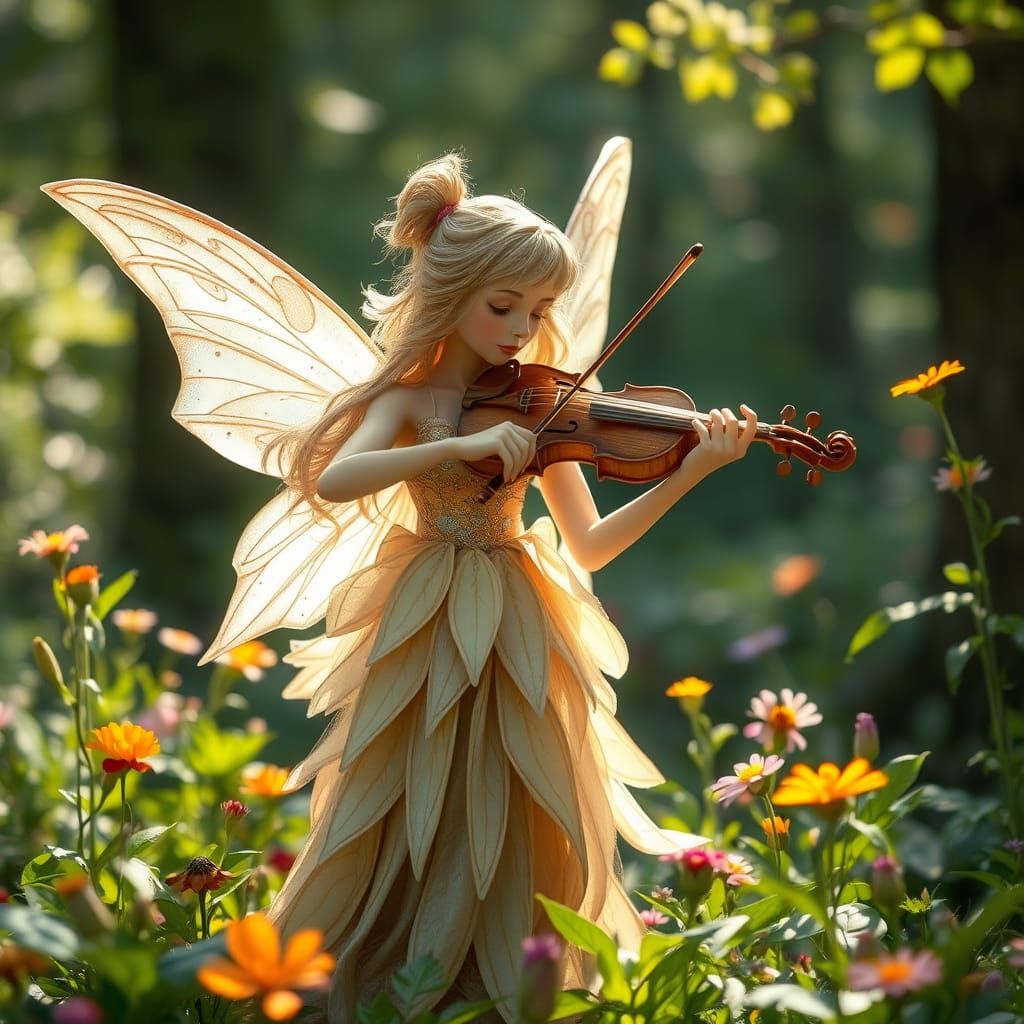 Whimsical Fairy Plays Violin in Enchanted Forest
