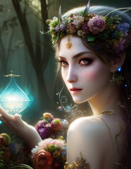 Ethereal Elf Bride Picking Wildflowers at Night