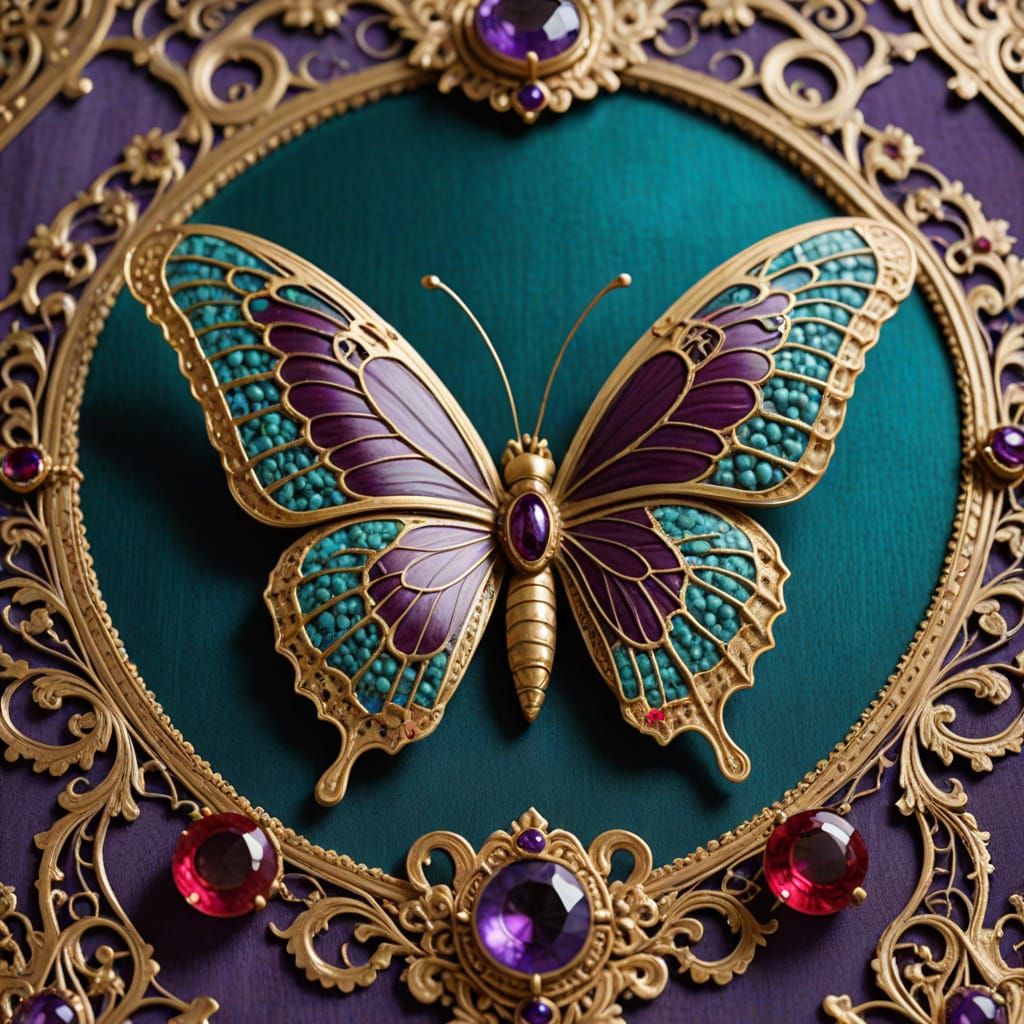 Ornate Butterfly Brooch with Gold Filigree and Gemstones