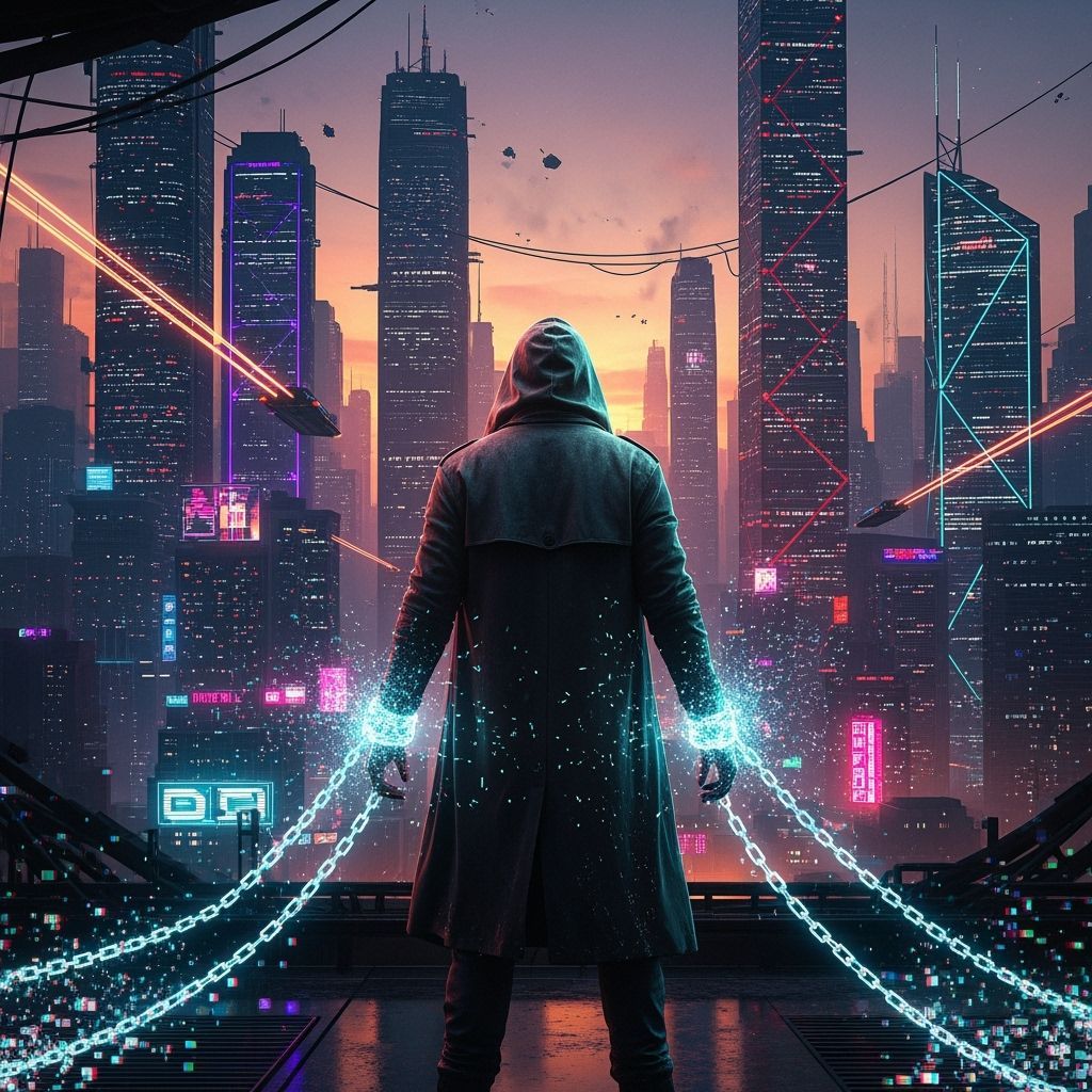 Cyberpunk Silhouette with Glowing Chains