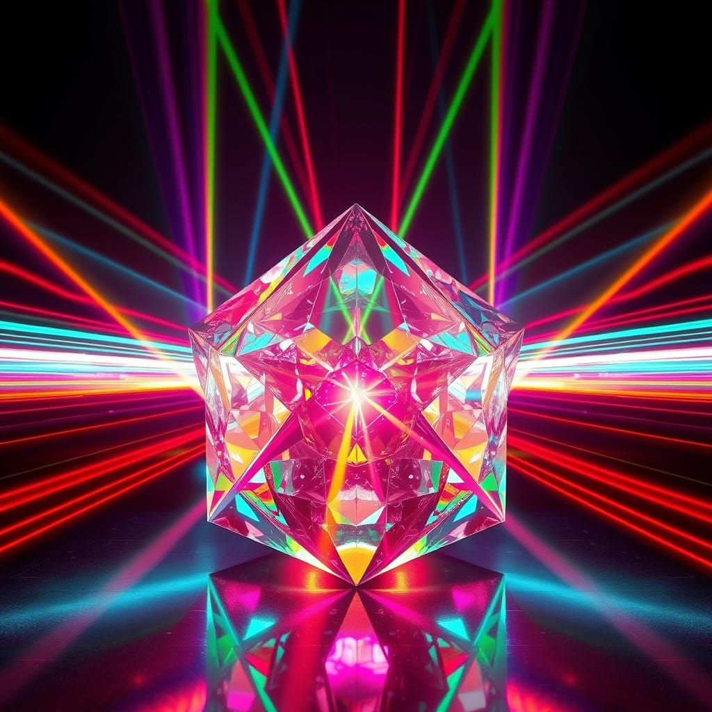Futuristic Neon Tesseract Illuminated by Rainbow Laser Beams