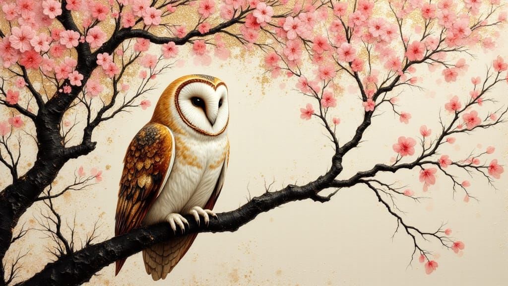 Barn Owl in Cherry Tree, Digital Art