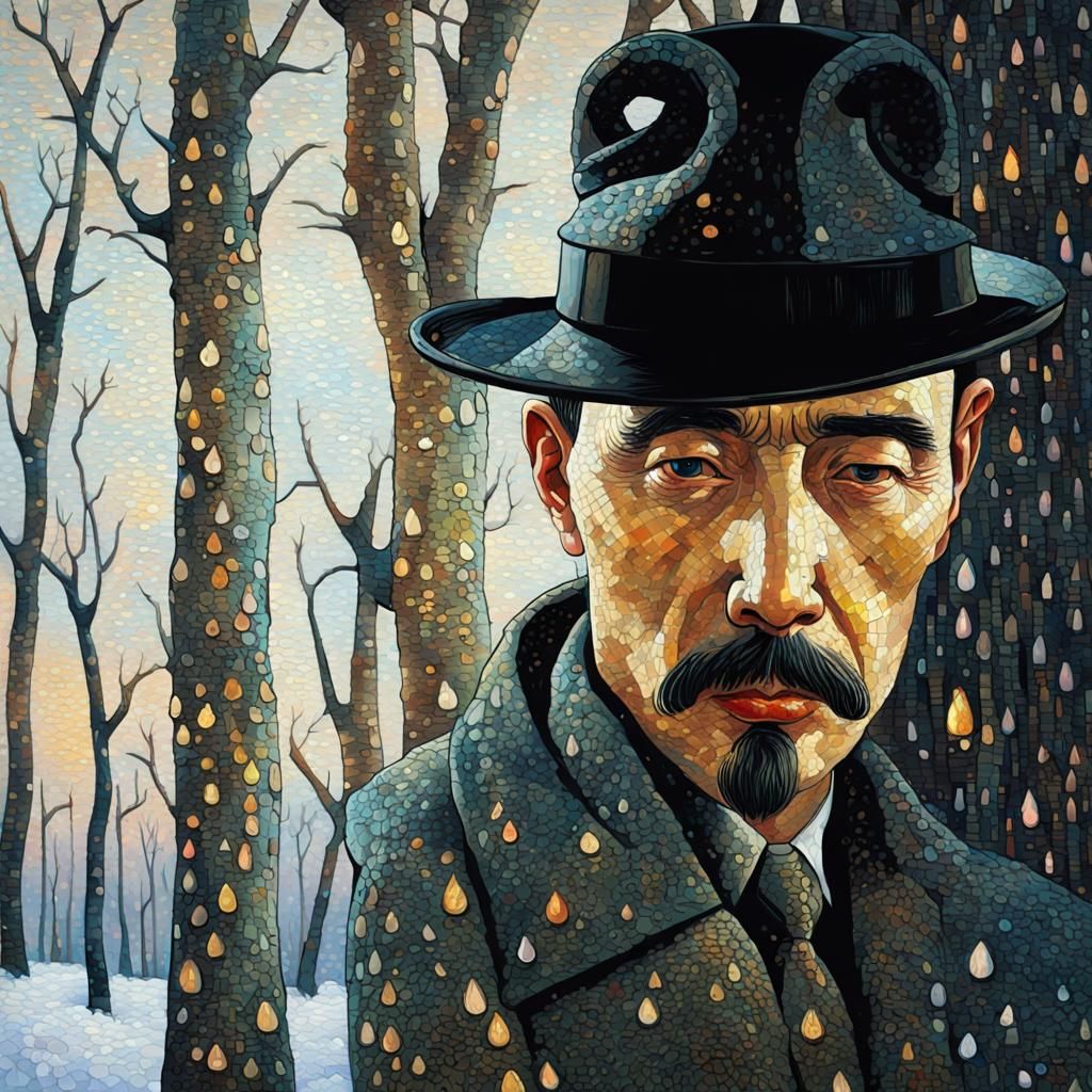 Woodland Landscape with 1940's Detective in Mosaic Style