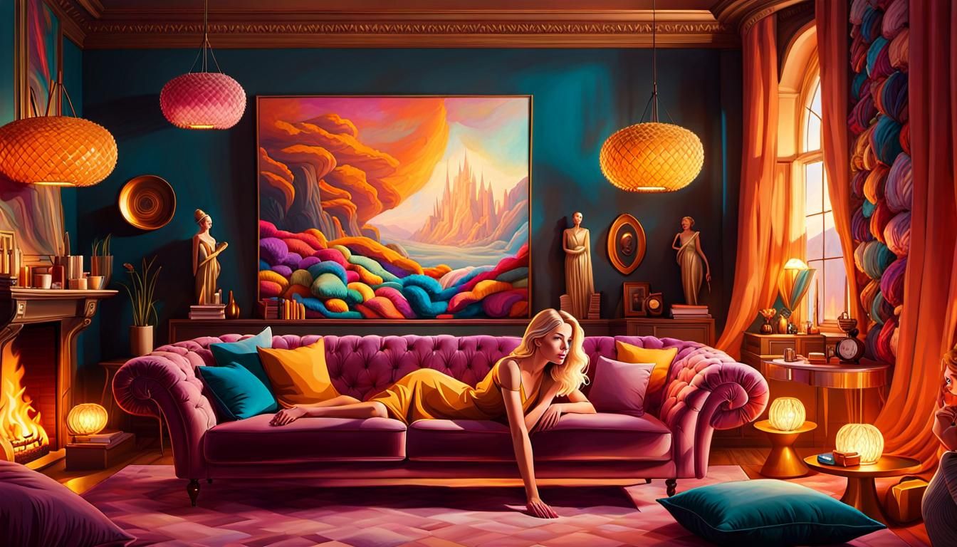 Cozy Maximalist Interior with Woman, Digital Art