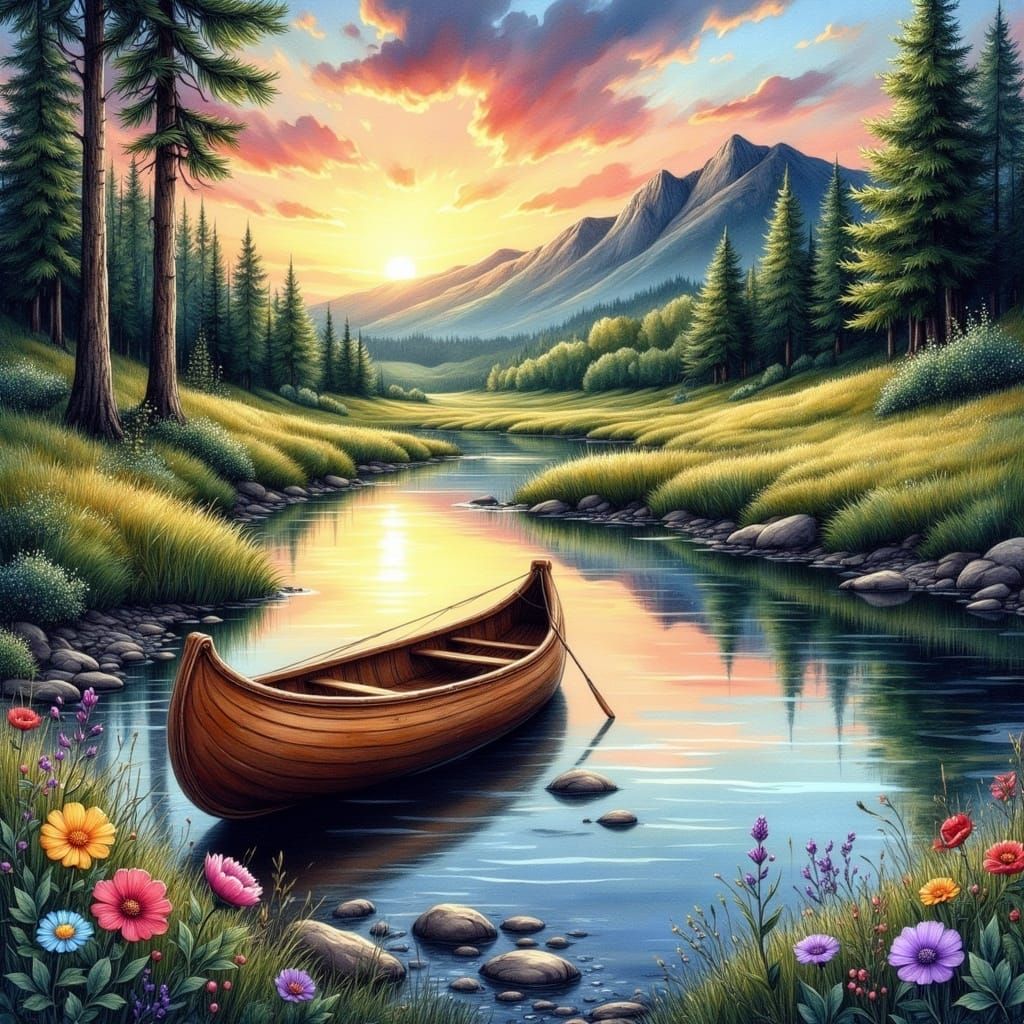 Canoe on River at Sunset: Whimsical Watercolor Art