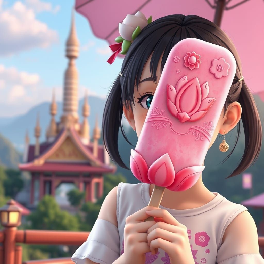 Japanese Girl with Lotus Ice Cream, Anime Art