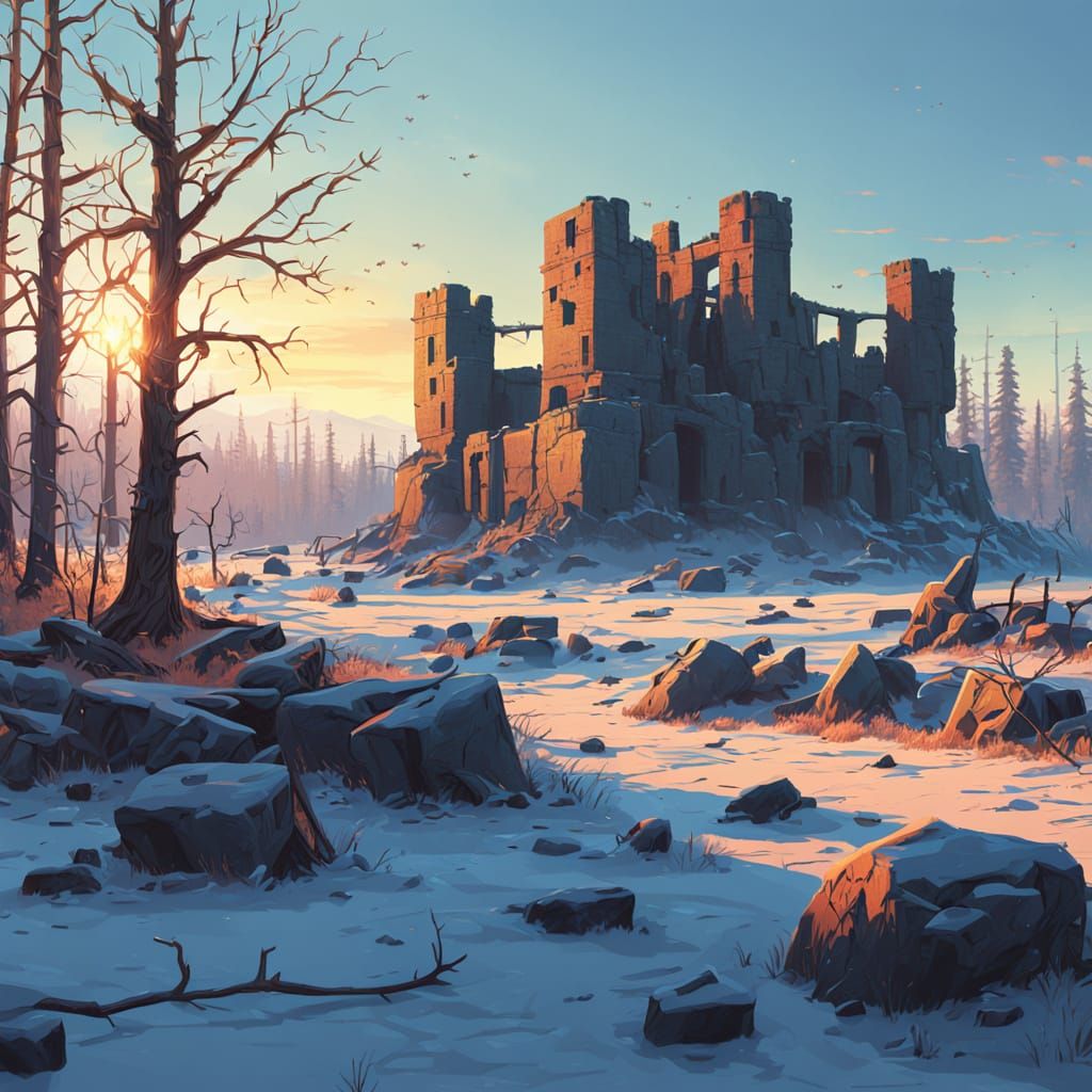 Taiga Sunset: Stone City Ruins in Digital Painting Style