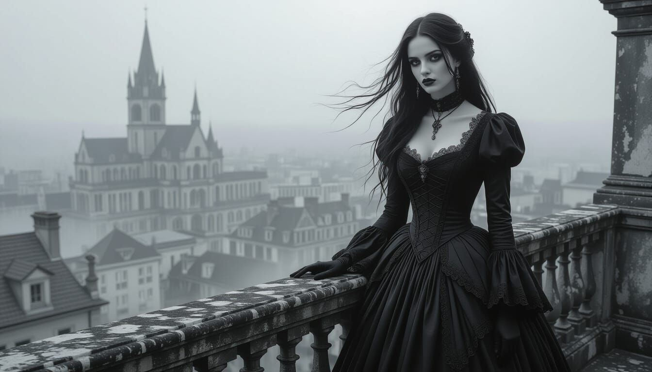 Melancholy Gothic Woman on Balcony in Charcoal Style