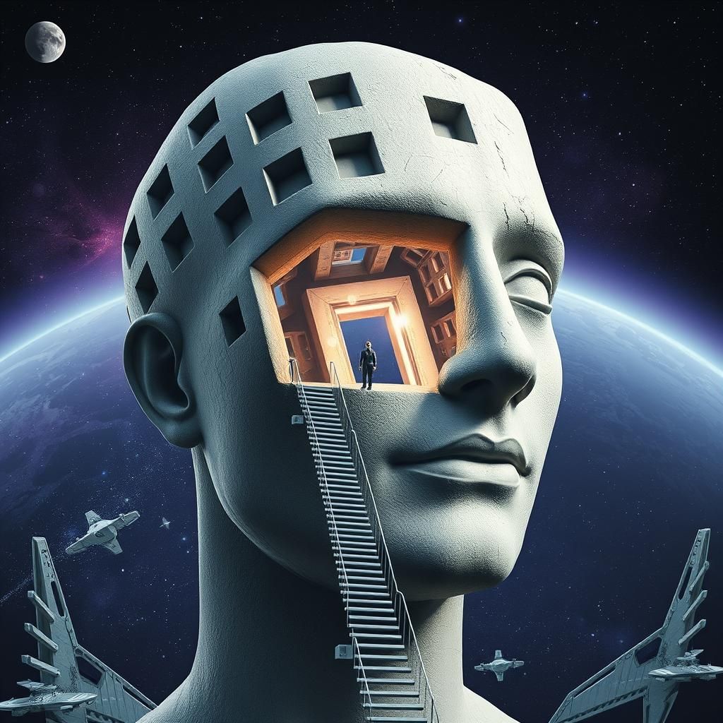 Cosmic Surreal Giant Bust with Spiral Stairs