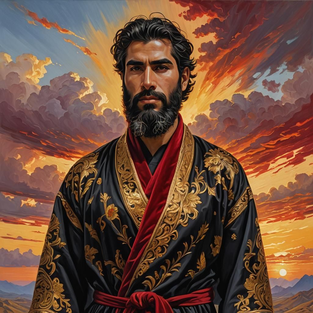 Dramatic Portrait of Man in Velvet Robe as Impressionist Oil...