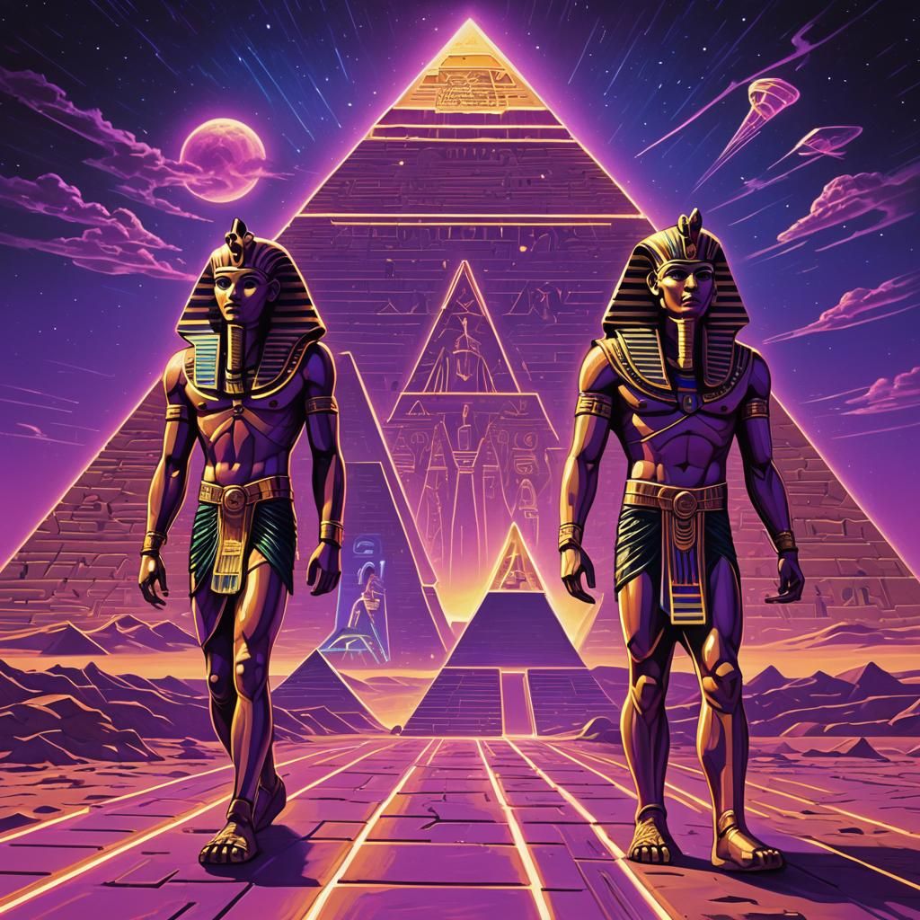 Ancient Egyptian Pharaohs in Synthwave Retrofuturism