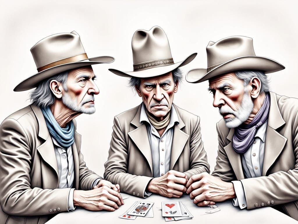 Old West Cowboys Play Poker: Oil Painting with Abstract Back...