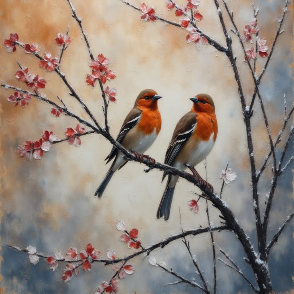 Orange Finch on Winter Branch Wildlife Photo