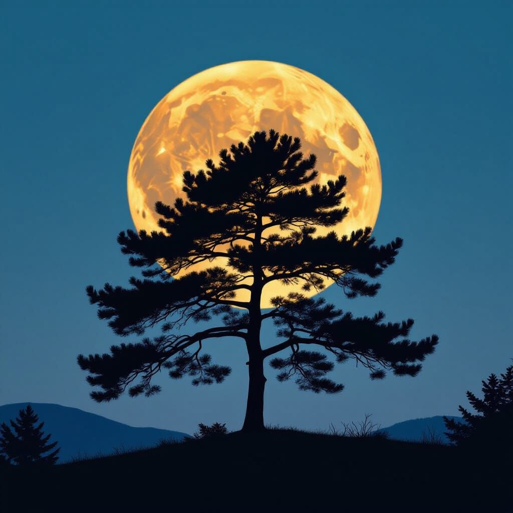 Pine Tree Silhouette with Full Moon, Cinematic Style