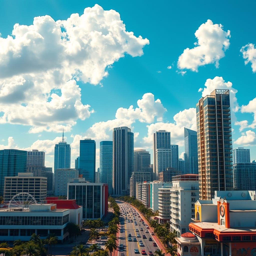 Strikingly photorealistic wide view of the downtown Miami skyline in glossy Kodachrome style