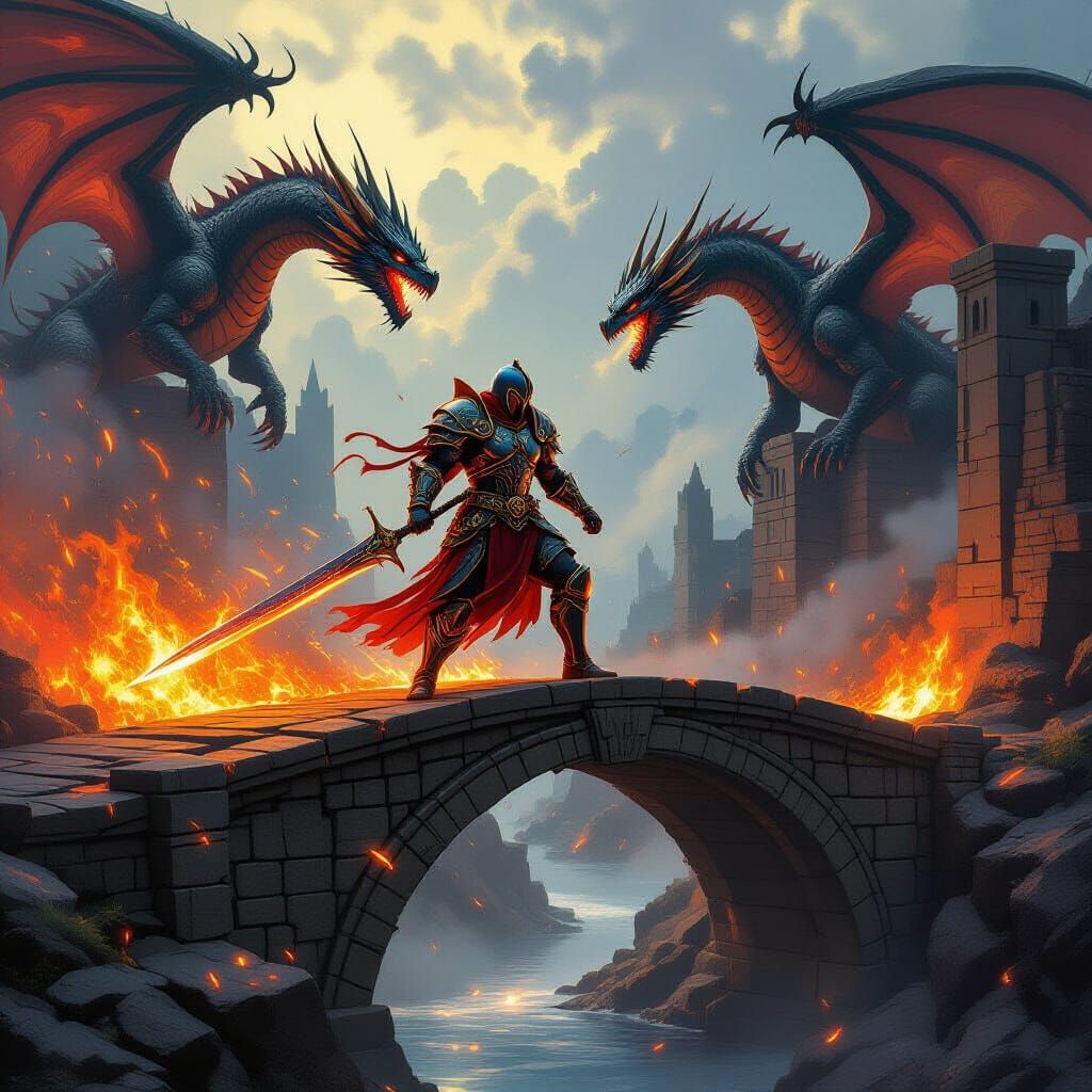 Fiery Warrior Battling Dragons: Epic Fantasy Art