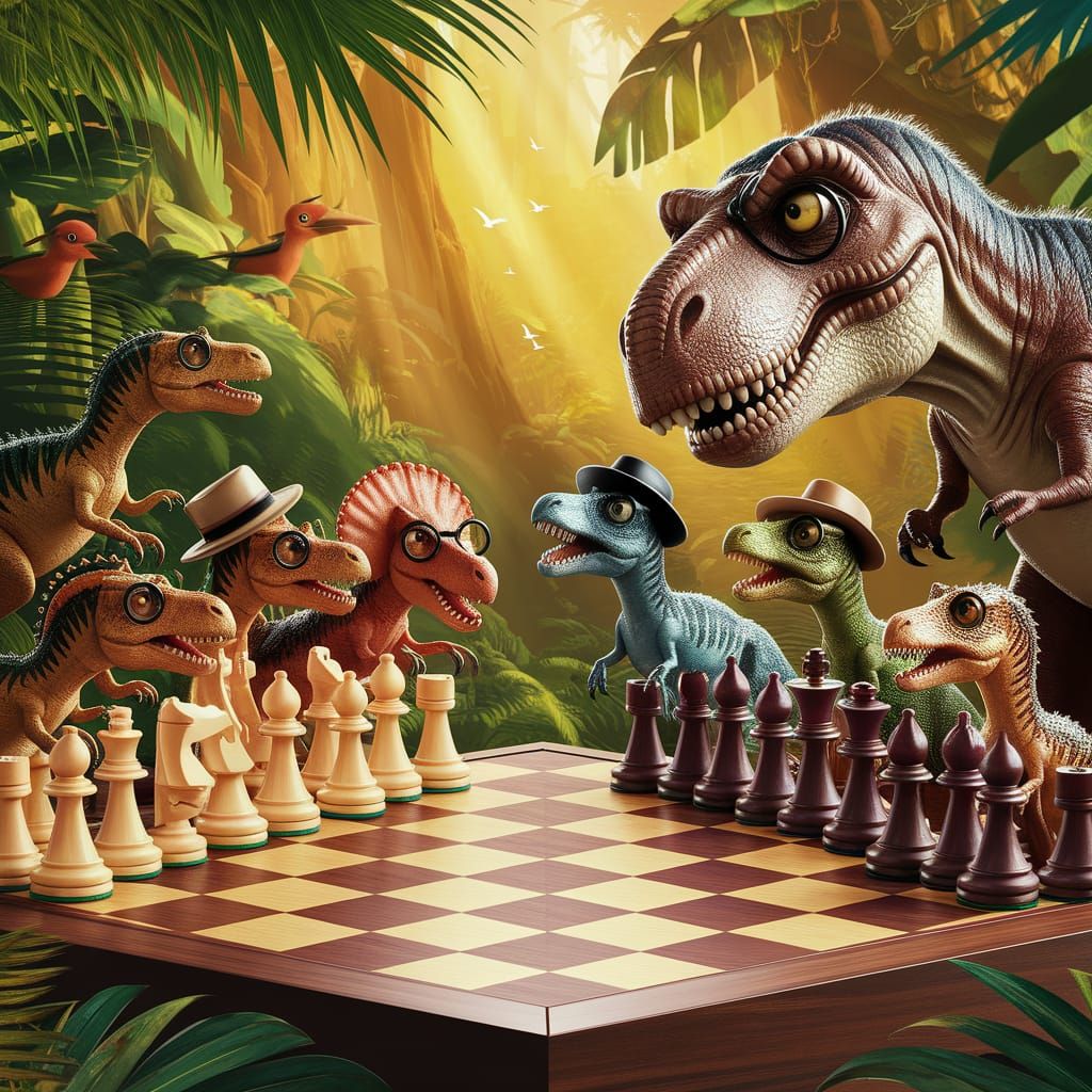 Dinosaur Chess Game in Prehistoric Jungle