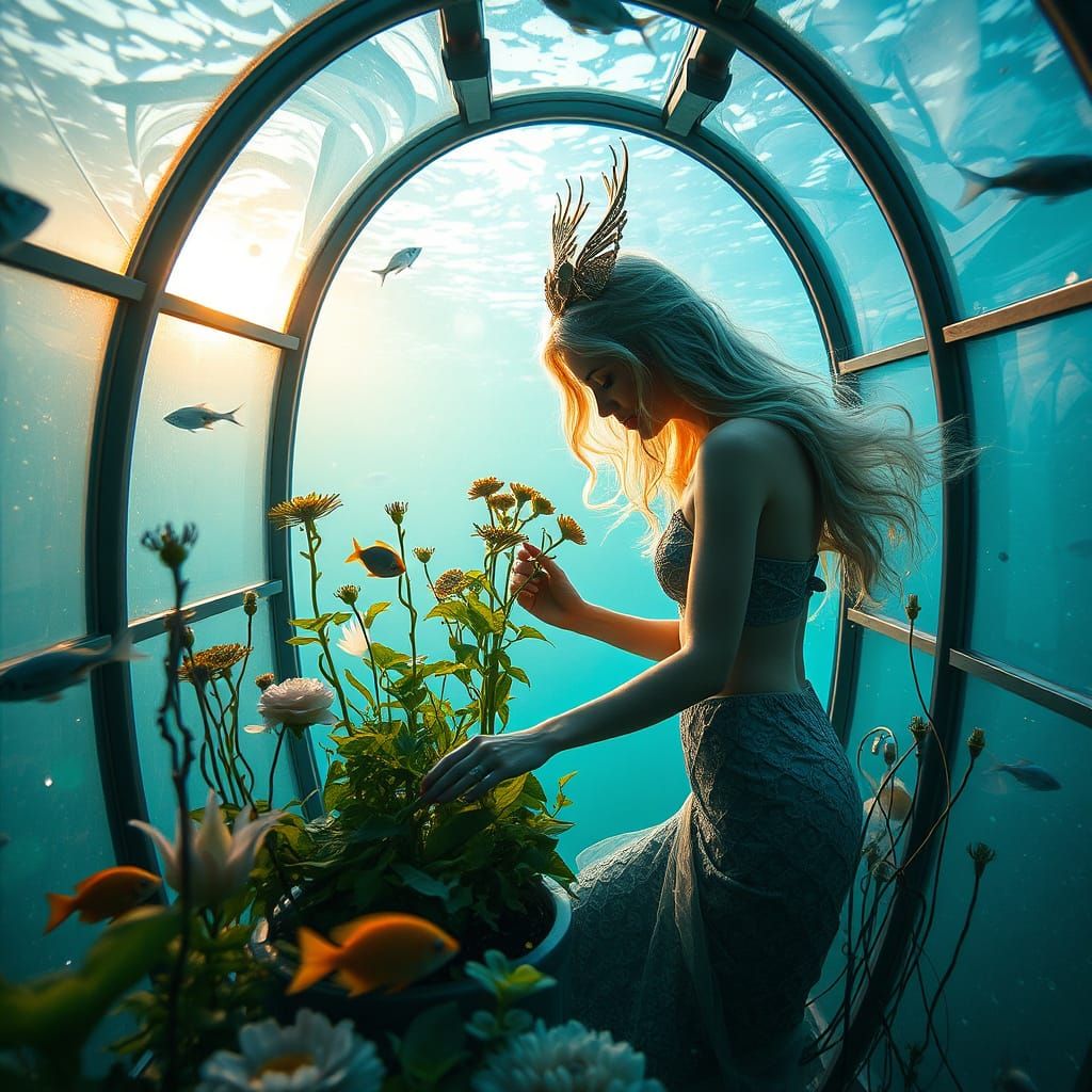 Celestial Mermaid Gardener in Underwater Steampunk Greenhous...