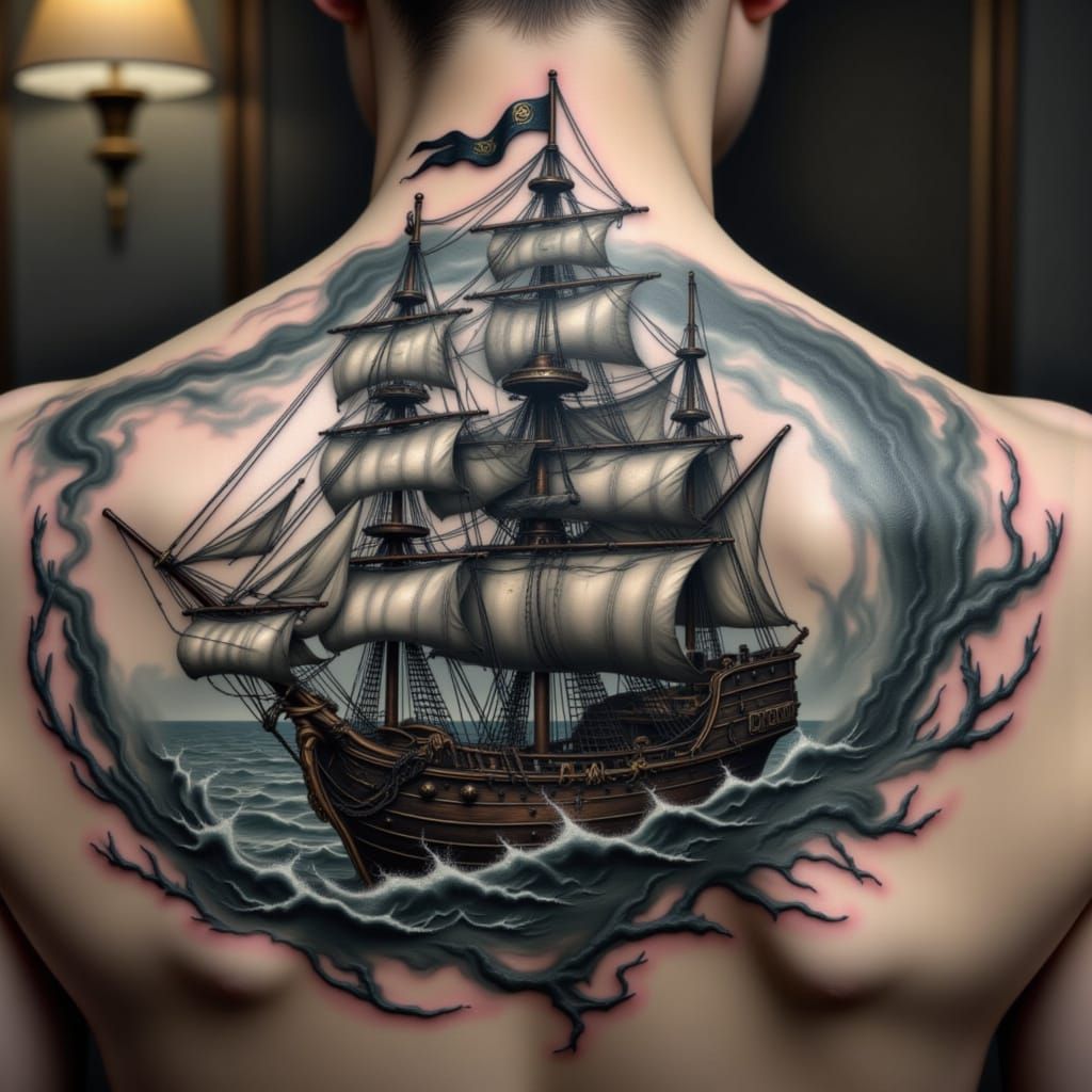 Vibrant 3D Pirate Ship Tattoo on a Man's Back