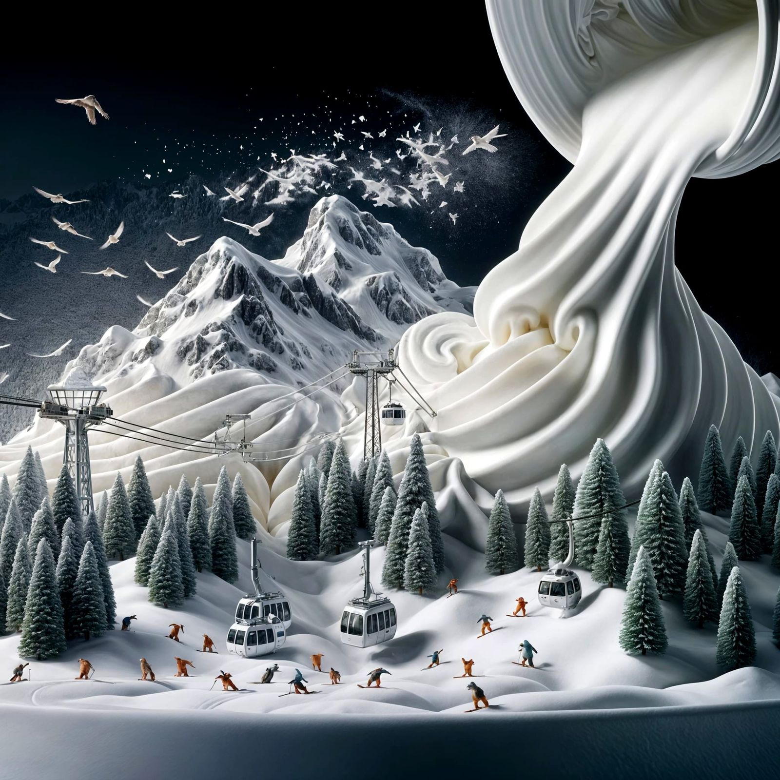 Grey Winter Landscape with Snowflakes