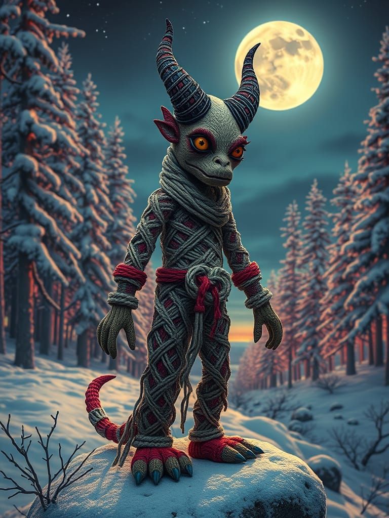 Surreal Macramé Demon Stands Under Full Moon in Finnish Fore...