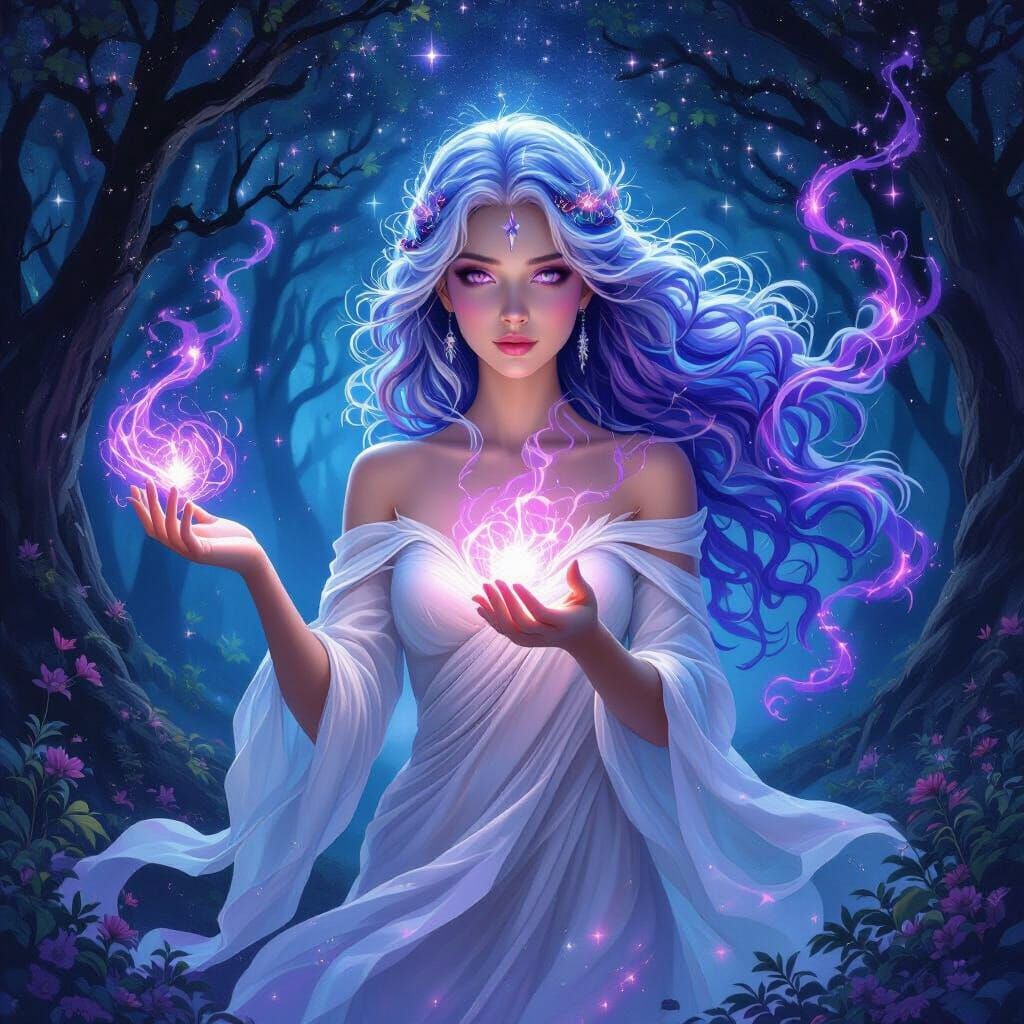 Goddess Floats in Starry Forest with Cosmic Hair