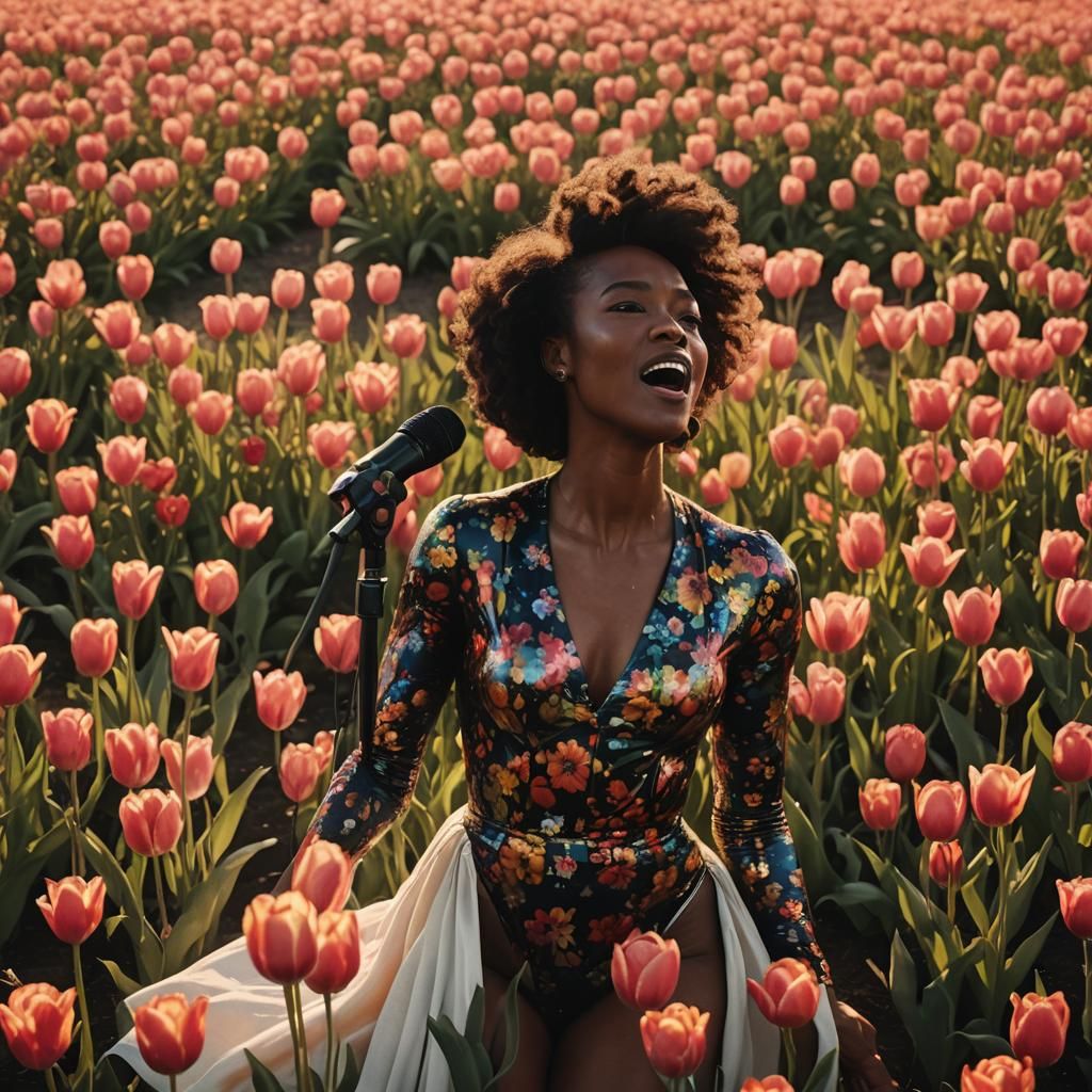 Floral Singer in Tulip Field, Cinematic Still