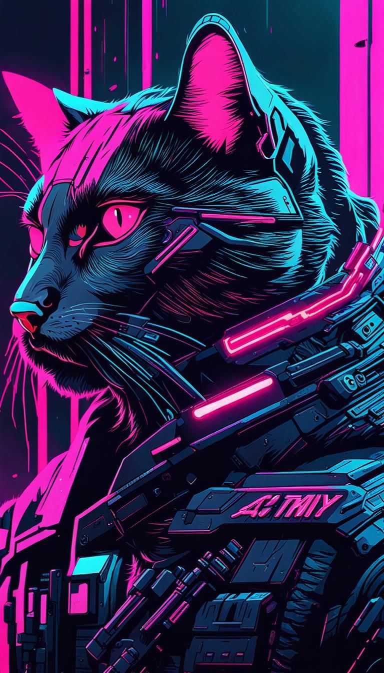 Cyberpunk Cat Army in Neon Cityscape