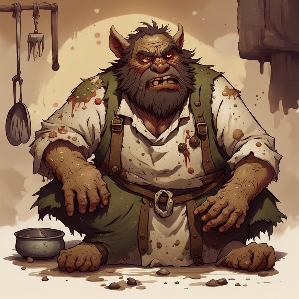 Exhausted Bugbear Chef in Hyperrealistic Style