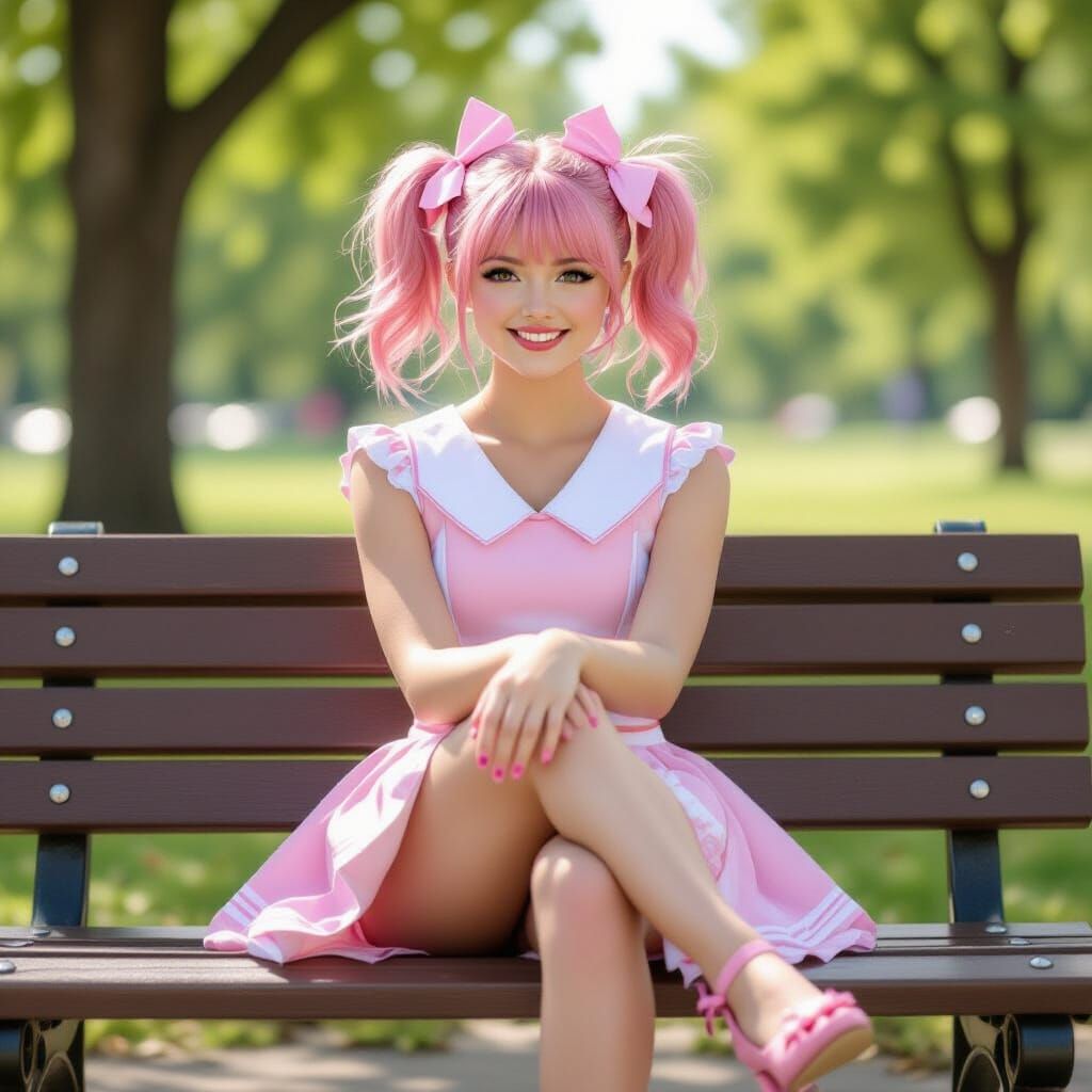 Pink Haired Cheerleader on Park Bench, Feet Focus