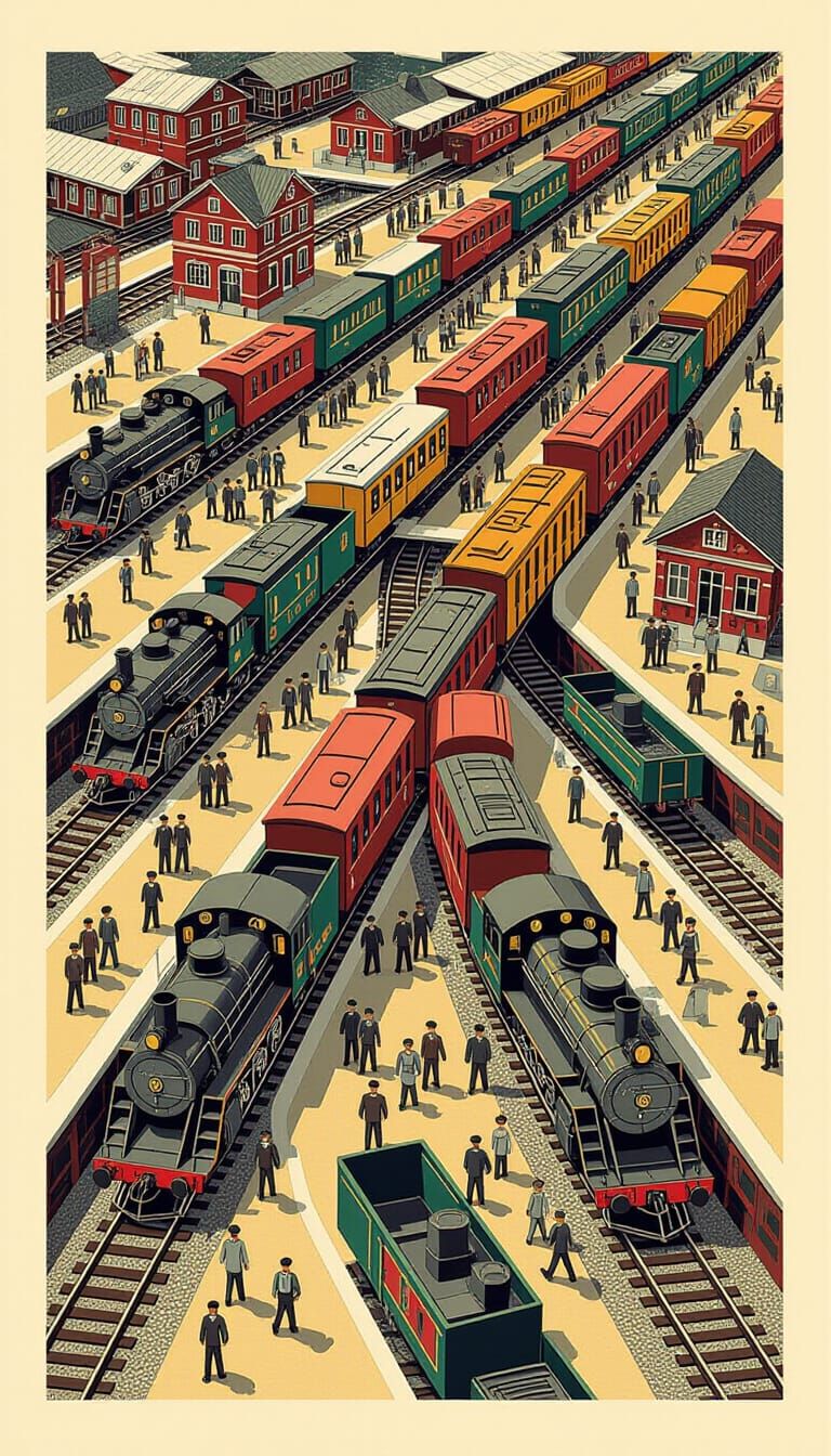 Escher Style Train Tracks with Freight Trains and Passengers