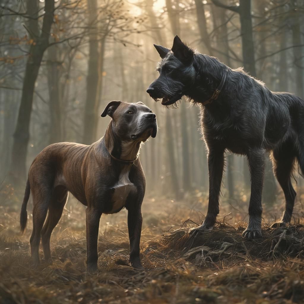 Pit Bull and Deerhound Friendship in Forest Light