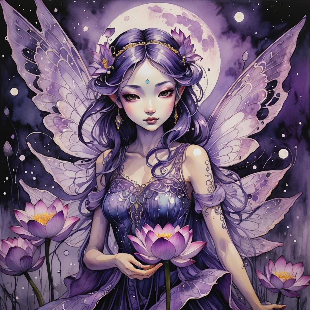 Glowing Purple Lotus Fairy in Ink Wash Painting