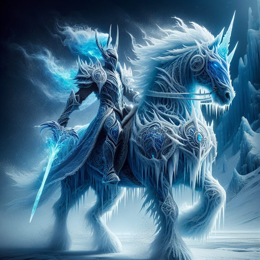 Majestic Frost Knight Rides Ethereal Ice Horse Across Frozen...